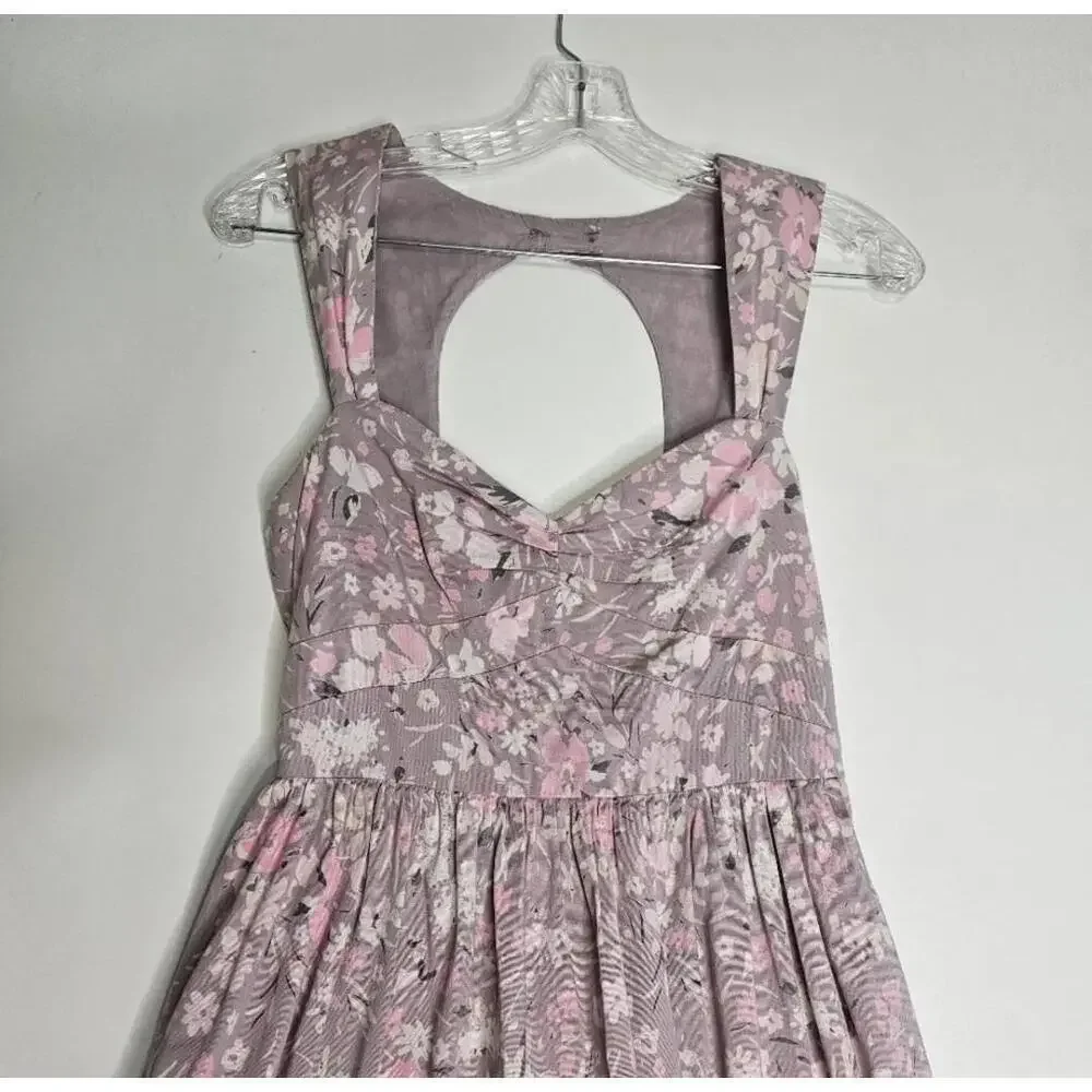 Free People Purple Floral Open Back Sundress Keyhole Tulle Hem Size 4